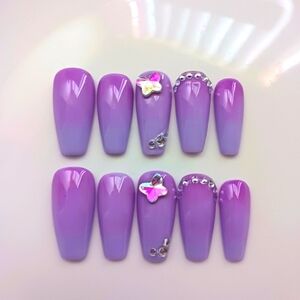 Luxurious Purple Ombre Handcrafted Press on Nails with Rhinestones 10pcs